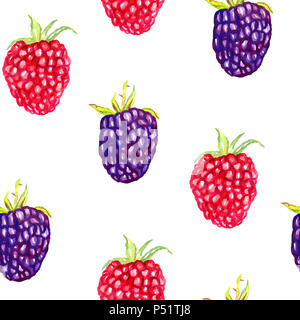 Reife Brombeeren und Himbeeren, nahtlose Muster Handgemalten Aquarell Abbildung Stockfoto