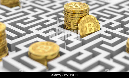 Stapel von Bitcoin im Labyrinth. Schwierige und unbekannte Zukunft cryptocurrencies. 3D-Rendering Stockfoto