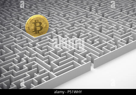 Im Labyrinth Bitcoin. Herauszufinden, wie eine Einigung über cryptocurrencies Konzept zu erreichen. 3D-Rendering Stockfoto