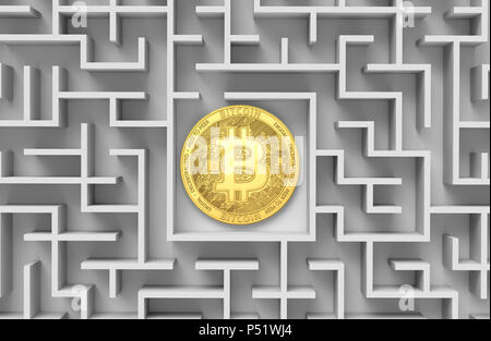 Bitcoin zur Festlegung im Labyrinth oder Irrgarten. Ist Bitcoin verloren. Konzeption. 3D-Rendering Stockfoto