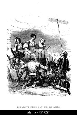 Escena de la novela EL INGENIOSO HIDALGO DON QUIJOTE DE LA MANCHA, de Miguel de Cervantes Saavedra. Dibujo de Ribera. Don Quijote Sancho y las Tres labradoras. Stockfoto