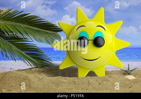 Sommer Konzept. Emoji Sonne gelb mit schwarzen runde Sonnenbrille lächelnd, an einem Sandstrand und Meer mit Palmen im Hintergrund. 3D-Darstellung. Stockfoto