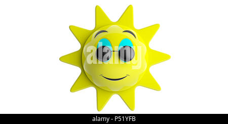 Sommer Konzept. Emoji Sonne gelb mit schwarzen runde Sonnenbrille lächelnd, Ausschnitt, auf einem weißen Hintergrund. 3D-Darstellung. Stockfoto