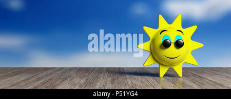 Sommer Konzept. Emoji Sonne gelb mit schwarzen runde Sonnenbrille lächelnd, auf einer hölzernen Dock und Himmel Hintergrund, Banner, kopieren. 3D-Darstellung. Stockfoto