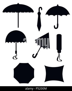 Schwarze Silhouette. Sammlung von Sonnenschirmen. Flat Style Design. Sonnenschirme in verschiedenen Positionen. Sonnenschirm geöffnet und nach unten genommen. Vector Illustration Isola Stock Vektor
