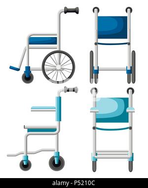 Krankenhaus Rollstuhl. Blau und Türkis Rollstuhl. Vorder- und Seitenansicht Abbildung. Flaches Design Stil. Auf weissem Hintergrund. Stock Vektor