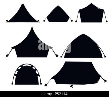 Schwarze Silhouette. Satz von Wandern und Camping Zelt. Dreieck und Dome flache Bauform Zelte. Bunte Vector Icons. Tourist Camp Zelte Sammlung. Lllustrat Stock Vektor