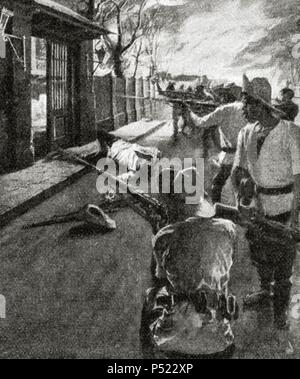 Philippinische Krieg für die Unabhängigkeit. Manila. Aufständische Anschlag auf die Kaserne von Co.C, 13 Minnesota Volunteers, während der TONDO Feuer. Gravur "Die Künstlerische Darstellung", 1899. Stockfoto