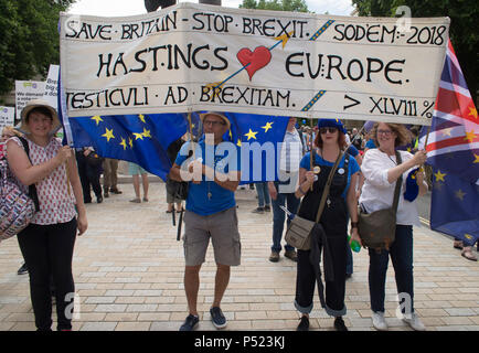 London, 23. Juni 2018 - Hastings für Europa Fahne. Über 100.000 Menschen besuchen einen März eine endgültige Abstimmung über den Brexit Angebot zu verlangen. Die Völker Abstimmung März ist einen Volksentscheid über den Deal von der Regierung verhandelt mit einer Option in der Europäischen Union zu bleiben. Das Datum (23. Juni 2018), erheblich, denn das war zwei Jahre ab dem Tag der ursprünglichen Referendum (23. Juni 2016). Der Tag sah die Einführung einer petiton Für eine Völker stimmen. Weitere Informationen finden Sie unter Https://www.peoples-vote.uk. Quelle: Bruce Tanner/Alamy leben Nachrichten Stockfoto