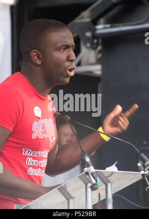 London, 23. Juni 2018 - Femi Oluwole (unsere Zukunft unserer Wahl) Rede auf der Kundgebung in Parliament Square. Über 100.000 Menschen besuchen einen März eine endgültige Abstimmung über den Brexit Angebot zu verlangen. Die Völker Abstimmung März ist einen Volksentscheid über den Deal von der Regierung verhandelt mit einer Option in der Europäischen Union zu bleiben. Das Datum (23. Juni 2018), erheblich, denn das war zwei Jahre ab dem Tag der ursprünglichen Referendum (23. Juni 2016). Der Tag sah die Einführung einer petiton Für eine Völker stimmen. Weitere Informationen finden Sie unter Https://www.peoples-vote.uk. Quelle: Bruce Tanner/Alamy Leben Nachrichten Credi Stockfoto