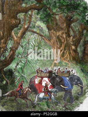 Indien. Sepoy Rebellion (1857). Indien Revolution, als eine Reaktion gegen die britische Kolonialpolitik ausbrach. 1857 die sepoys revoltierten und keinerlei Autorität an die East India Company (1858). Farbige Gravur. Englische Delegation. Stockfoto