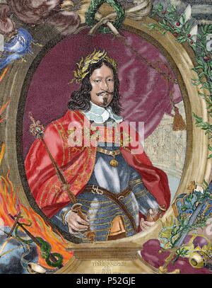 Ferdinand III. (1608-1657). Kaiser des Heiligen Römischen Reiches vom 15. Februar 1637 bis zu seinem Tod König von Ungarn und Kroatien, König von Böhmen und Erzherzog von Österreich. Farbige Gravur. Stockfoto