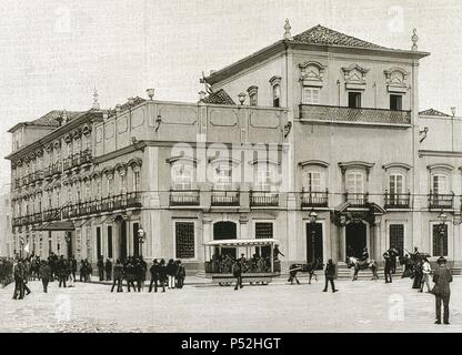 Brazilien. Rio De Janeiro. Erste brasilianische Republik. Außenseite des kaiserlichen Palastes, von Aufständischen, 15. / 16. November 1889 besetzt. Der Kaiser Dom Pedro II, ein Gefangener in den Palast, erhalten die Vertreter der neuen provisorischen Regierung, die seine Dethronisierung benachrichtigt. Gravur. Stockfoto