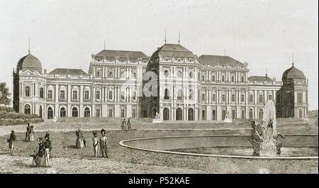 Österreich. Wien. Schloss Belvedere. Barocke. 1714-1722 von Johann Lukas von Hildebrandt (1668-1745) zu bauen. Sommerresidenz für Prinz Eugene des Wirsings. Kupferstich, 19. Jahrhundert. Stockfoto