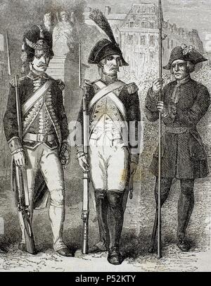 Frankreich. Wache der National Convention (Mitte), französischer Grenadier Guard (links) und verkrüppelt (rechts). Kupferstich, 19. Jahrhundert. Stockfoto