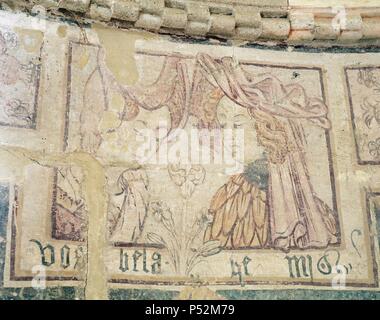 ARTE GOTICO. ESPAÑA. CAMINO DE SANTIAGO IGLESIA DE SANTIAGO (Antiguo Monasterio de Villar de Donas) (s. XII). Lugar de enterramiento de los Caballeros de la Orden de Santiago. Monumento histórico - artístico desde 1931. PINTURA WANDMALEREI (S. XIV) DEL ABSIDE ZENTRALE CON LOS BUSTOS DE LOS FUNDADORES DEL TEMPLO, LA FAMILIA DE LOS DONAS. VILAR DE DONAS. Provincia de Lugo. Galizien. Stockfoto