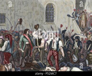 Französische Revolution. Ausführung der Kleriker und der Gefangenen, die von Mitgliedern der Pariser Kommune. September, 1792. Farbige Gravur. 19. Stockfoto