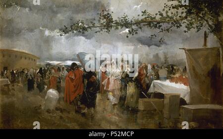 ARTE S. XIX. ESPAÑA. LUCAS VILLAAMIL, Eugenio (Madrid, 1858-1918). Pintor Español. "AFUERAS DE LA ANTIGUA PLAZA DE TOROS DE MADRID". Oleo sobre lienzo (28' 1 x 47 cms) Museo de Bellas Artes de La Habana. Kuba. Stockfoto