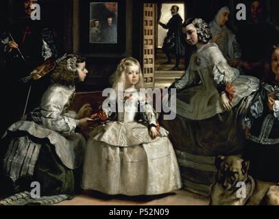 ARTE BARROCO. ESPAÑA. Velázquez, Diego (Sevilla, 1599 - Madrid, 1660). Pintor Español, Máximo representante de la escuela barroca Hispana. 'LAS MENINAS' o'LA FAMILIA DE FELIPE IV" (1656). Lienzo (3,18 x 2,76). Museo del Prado. Madrid. España. Stockfoto