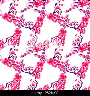Pink sakura Zweig Blume, nahtlose Muster Handgemalten Aquarell Abbildung Stockfoto