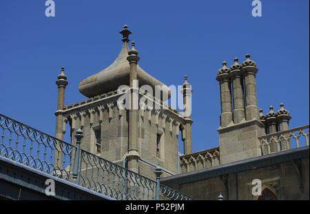 In der Ukraine. Die autonome Republik Krim. Vorontsov Palace. 1828 bis 1848 erbaut vom englischen Architekten Edward Blore (1787-1879) als Sommerresidenz des Prinzen Michail Woronzow Semyonovich. Exterieur. Um Evpatoria. Stockfoto