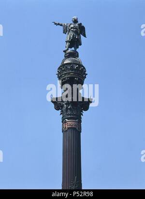 ARTE SIGLO XIX. ESPAÑA. MONUMENTO einen Doppelpunkt. Construído con Motivo de la Exposición Universal de 1888. El diseño arquitectónico es de Gaietà BUIGAS. La escultura del descubridor es Obra de Rafael ATCHE, Con la colaboración de otros Escultores. BARCELONA. Cataluña. Stockfoto