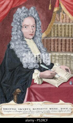 Jean-Jacques Manget (1652-1742). Schweizer Arzt und Schriftsteller. Farbige Gravur. 18. Jahrhundert. Stockfoto