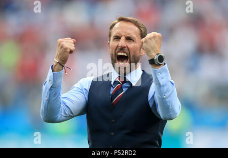 England Manager Gareth Southgate reagiert, nachdem der letzte während der FIFA WM Gruppe G Gleiches am Nischni Nowgorod Stadion Pfeifen. Stockfoto