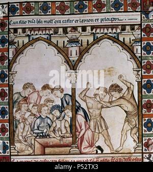 MTI 1 - CANTIGA DE SANTA MARIA - Nº 76 - F113 R-LA VIRGEN DEVUELVE HIJO A MUJER EIN CAMBIO DEL SUYO QUE HABIA ROBADO-S XIII - 1 ª 1 ª VIÑETA DE LA FILA-Cj 16666. Autor: Alfons X. von Kastilien, der Weise (1221-1284). Lage: MONASTERIO - BIBLIOTECA - COLECCION, SAN LORENZO DEL Escorial, Madrid, Spanien. Stockfoto