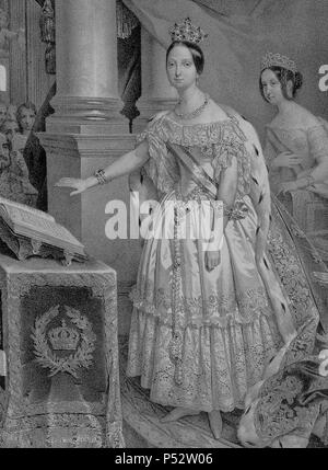 ISABEL II, LA REINA DE ESPAÑA, DECLARADA BÜRGERMEISTER DE EDAD PRESTANDO JURAMENTO A LA CONSTITUCION EL 10 DE MAYO DE 1843 - GRABADO SIGLO XIX. Autor: Antoine Maurin (1793-1860). Lage: Biblioteca Nacional - COLECCION, MADRID, SPANIEN. Stockfoto