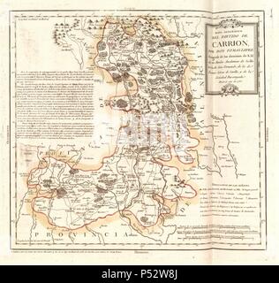 MAPA GEOGRAFICO DEL PARTIDO DE AAS, 1785, GRABADO COLOREADO 38,5 x 41,5. Thema: Tomás López (1730-1802). Ort: ACADEMIA DE LA HISTORIA - COLECCION, MADRID. Stockfoto