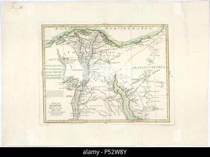 MAPA DE EGIPTO LLAMADO EN EL PAIS MISSIR, 1799, GRABADO COLOREADO 31 x 41. Thema: Tomás López (1730-1802). Ort: ACADEMIA DE LA HISTORIA - COLECCION, MADRID, SPANIEN. Stockfoto