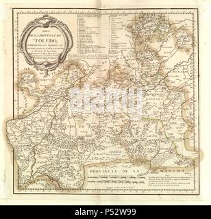 MAPA DE LA PROVINCIA DE TOLEDO, COMPREHENDE LOS PARTIDOS DE TOLEDO, ALCALA, OCAÑA, TALAVERA Y ALCAZAR DE SAN JUAN, 1768, GRABADO COLOREADO 40,5 x 40,5. Thema: Tomás López (1730-1802). Ort: ACADEMIA DE LA HISTORIA - COLECCION, MADRID. Stockfoto