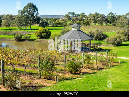 Eine Rotunde oder Pavillon am Rande eines Sees und die Reihen der Rebstöcke in einem Weinberg in der Swan Valley am Stadtrand von Perth WA Western Australia. Stockfoto