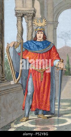 Friedrich II. von Hohenstaufen (1194-1250). Kaiser des Heiligen Römischen Reiches. Farbige Gravur. Stockfoto