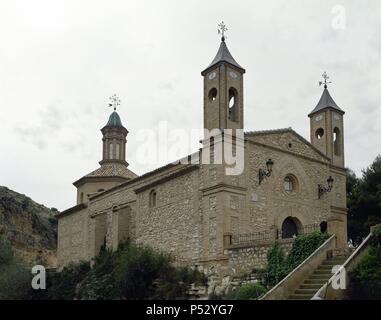 ARTE S. XVIII. ESPAÑA. ERMITA DE NUESTRA SEÑORA DE LA FUENTE. Construída en el año 1777 y restaurada De 1817. Consta de una sola Kirchenschiff y un Crucero cubierto Por una Cúpula sobre pechinas pintadas por Goya. Declarada Monumento Nacional en 1951. Vista allgemein. Gaël. Comarca del Campo de Cariñena. Provincia de Zaragoza. Aragón. Stockfoto