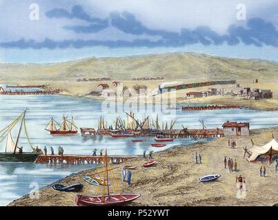 Geschichte von Bulgarien. 19. Varna. Der wichtigste Hafen und Festung der Türken in der westlichen Küste des Schwarzen Meeres während des Russisch-türkischen Krieg (1877-1878). Gravur "Die spanische und amerikanische Abbildung", 1877. Farbige Gravur. Stockfoto