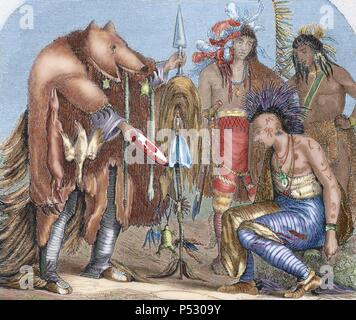 USA. Indianer. Irokesen und Chippewa Ärzte, Bewohner des Lake Superior und See Arkansas. Farbige Gravur, 1878. Stockfoto