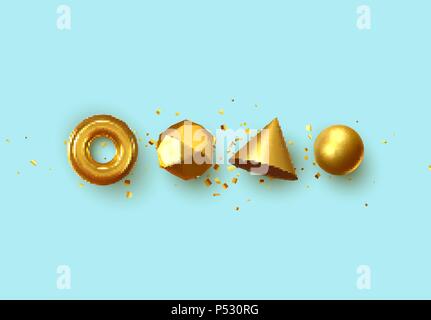 3d realistische Elemente auf blauem Hintergrund isoliert. Kugel, Torus, Kegel und andere geometrische Formen. Gold Farben für die trendigen Designs. Stock Vektor