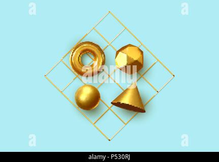 Abstrakte geometrische Hintergrund. 3D-Formen, goldene Farbe Kugel, Torus, Kegel. Kunst Trendy Minimales Design Stock Vektor