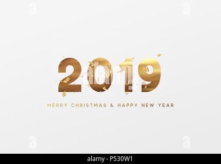 Gold 2019 Vektor ein Frohes Neues Jahr und Frohe Weihnachten Grußkarte. Stock Vektor