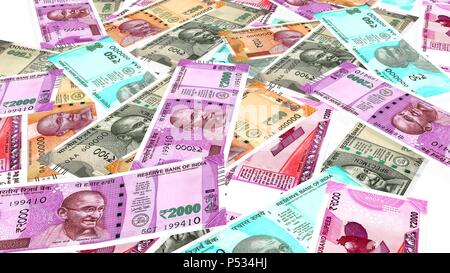 Nähere Ansicht der indischen Währung 50, 200, 500 und 2000 Rupien neue Banknoten Perspektive auf weißem Hintergrund, Finanzen Bank Note cash Bunte Stockfoto