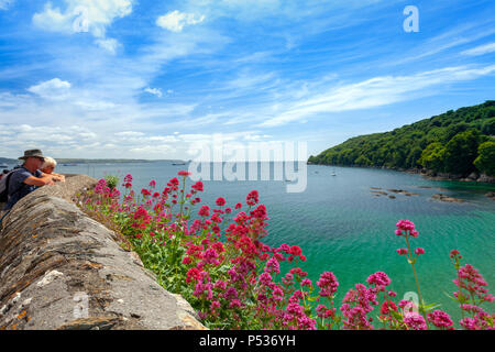 Ein paar mit Blick auf und bewundern Sie cawsand Cawsand Bay und von oben an einem heißen Sommertag mit dem Rame Halbinsel in der Ferne Cawsand, Cornwall Stockfoto