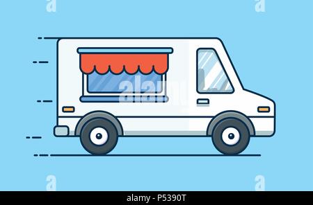 Lebensmittel-lieferservice. Picknick Auto. Stapler mit Essen. Essen van. Vektor flachbild Abbildung Stock Vektor