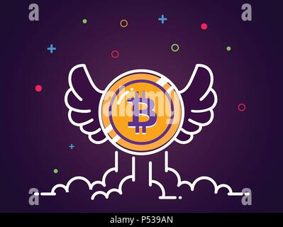 Bitcoin mit Flügeln flachbild Abbildung. Bitcoin Symbol fliegen in den Himmel. Crypto Währung bit Münze. Cryptocurrency Emblem. Web Vector Illustration. EPS 10. Stock Vektor