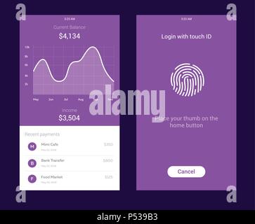 ID-Anwendung mit Symbol Fingerabdruck- und Graph-Schnittstelle. Fingerprint Vektor icon. Auf Fingerabdruck, Schutz Log, persönliche Daten, Anmeldung auf das Konto. Mjney balance Bildschirm Stock Vektor