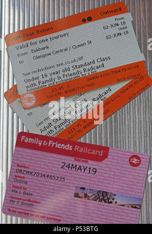 Freunde & Familie Bahncard und zwei scotrail Bahntickets, Erwachsene und Kinder, Eskbank, Midlothian, Grenzen Eisenbahn, Schottland, Großbritannien Stockfoto