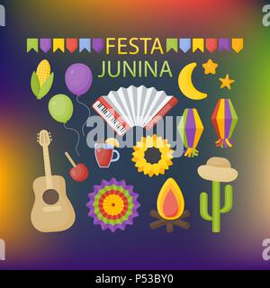 Festa Junina Vektor flachbild Icon Set, Party Feier Sammlung von flache Ausführung von Essen, Musik instrumente, Laternen und Girlanden isoliert auf der dunklen Stock Vektor