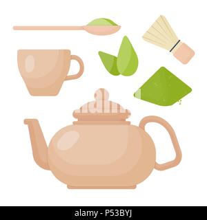 Matcha Tee Vektor flachbild Icon Set, flache Bauform der Teezeremonie, Entspannung, Japanische superfood und healthcare Objekt auf weißem Hintergrund, niedliche Stock Vektor