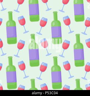 Rotwein vektor Flachbild nahtlose Muster, Flaschen und Gläser auf die hellgrüne Weingut Hintergrund, Vector Illustration Stock Vektor